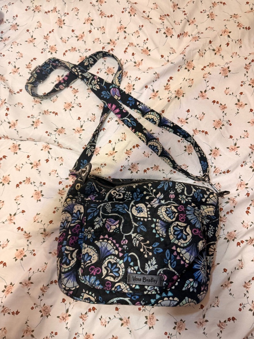 Vera Bradley dark blue floral and paisley crossbody bag with cream and pink